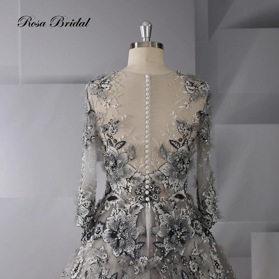 Rosabridal-Vestido De Noiva De Renda Preta, Manga Comprida, O-Neck, Flower Beading Apliques, Novo