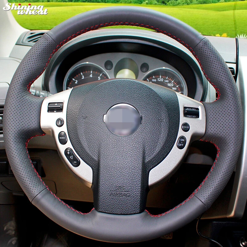 Shining wheat Hand-stitched Black Leather Steering Wheel Cover for Nissan QASHQAI X-Trail NV200 Rogue Car Accessories