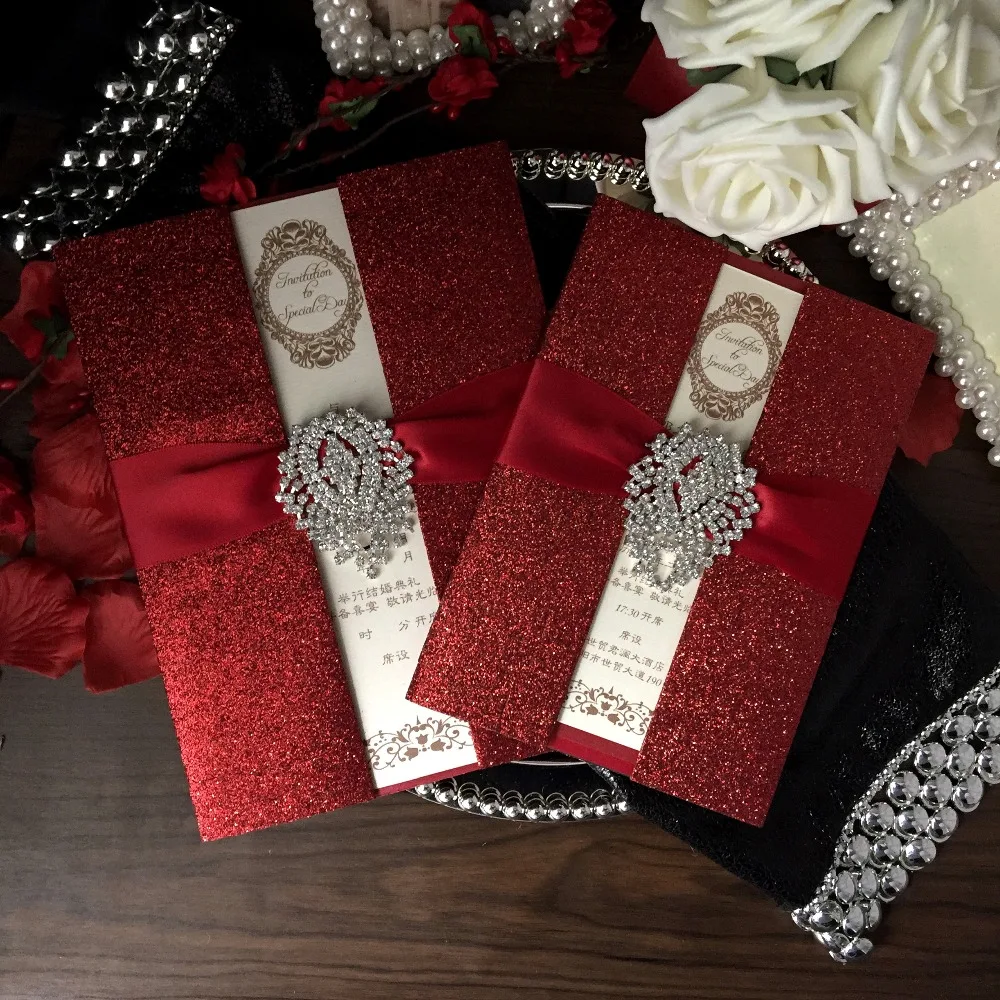 

Red Wedding Invitations, Bridal Shower Invitation, Luxury Wedding Invitation With Red Ribbon - Set of 30