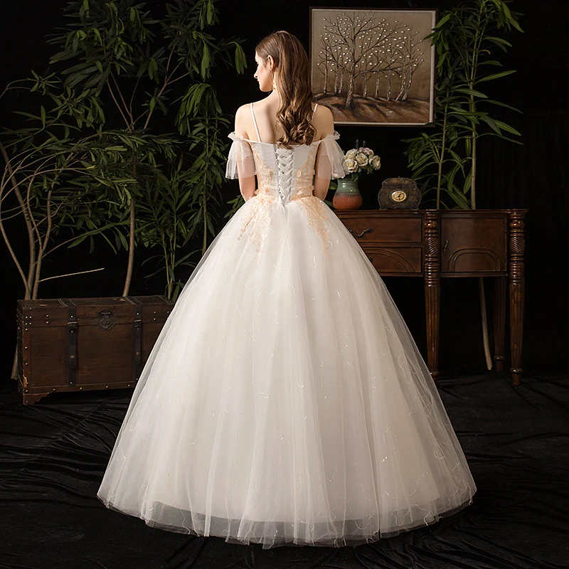 Cheap Vestidos Ball Gowns Spaghetti Straps Off White Tulle Plus Size Wedding Dress New Fashion 3D Flowers Bridal Marriage