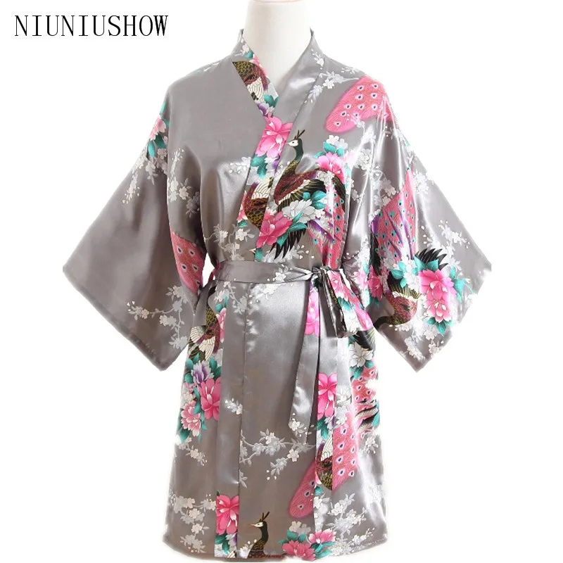 Women Satin Short Nightgown Kimono Robe New Gray Bathrobe Floral Pajamas Wedding Bride Bridesmaid Sexy Dress Gown One Size