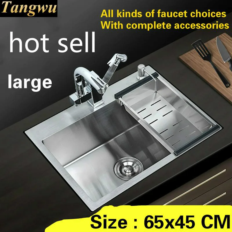 Free shipping large kitchen sink durable 304 stainless steel hand made single slot hot sell 650x450 MM