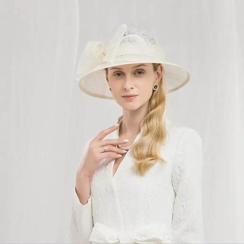 Elegant Beige White Black Pink Wide Brim Ladies Sinamay Womens Hat Elegant Big Bow Linen Wedding Fedoras Kentucky Derby Hats