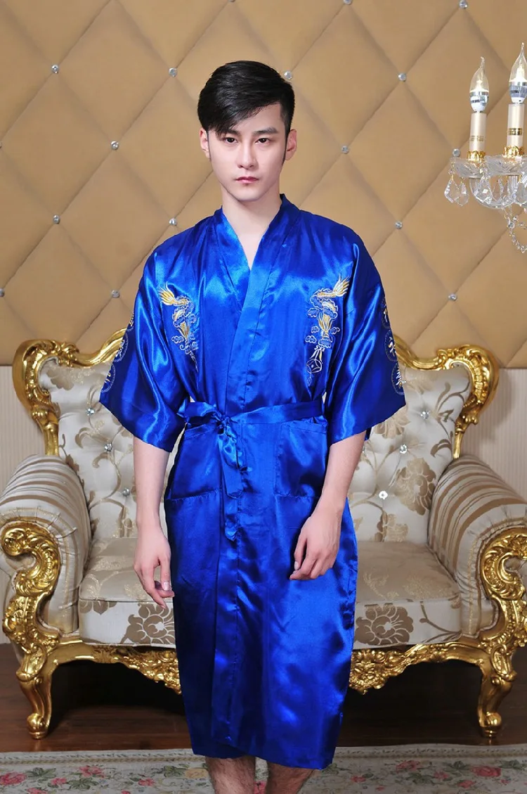 New Arrival Navy Blue Male Silk Robe Chinese Classic Embroidery Night Wear Traditional Kimono Gow 167