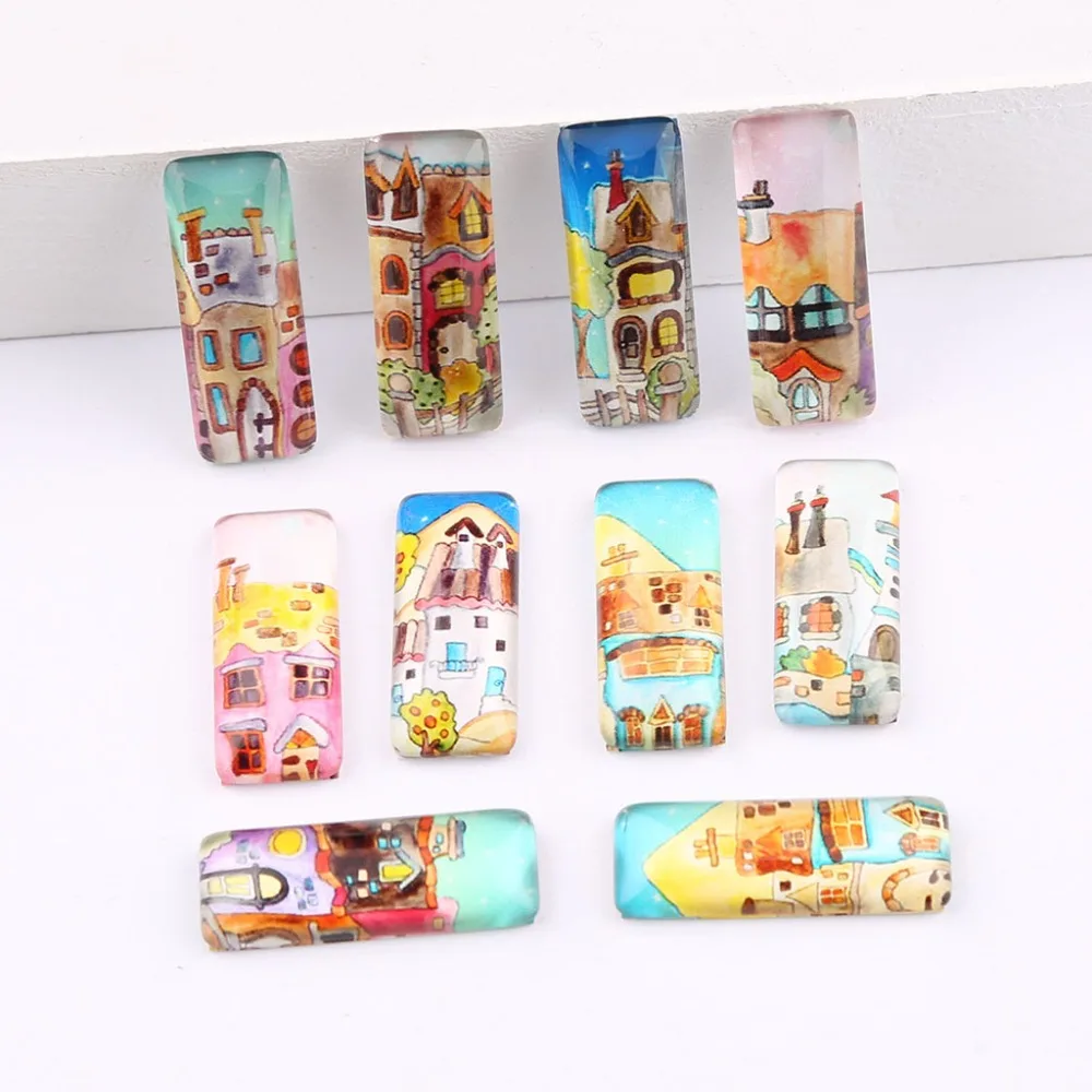 

onwear 20pcs mix cartoon house photo rectangle cabochon 10x25mm glass jewelry cameo findings for earrings pendants