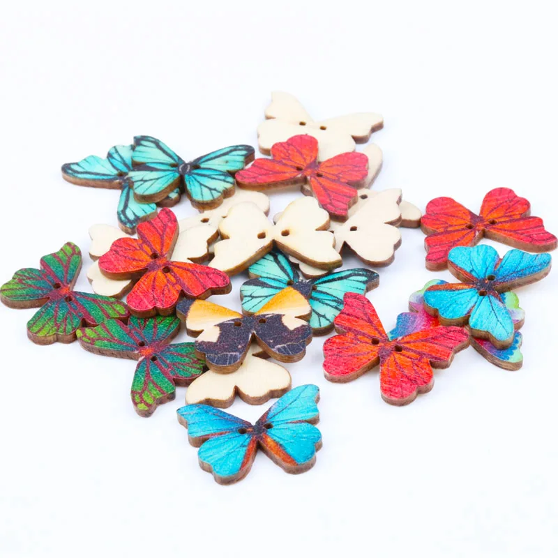 Wooden Mixed Color Butterfly Shape Buttons 2 Holes Handmade Clothing Sewing Scrapbooking Crafts DIY 28x20mm 30pcs MT0298