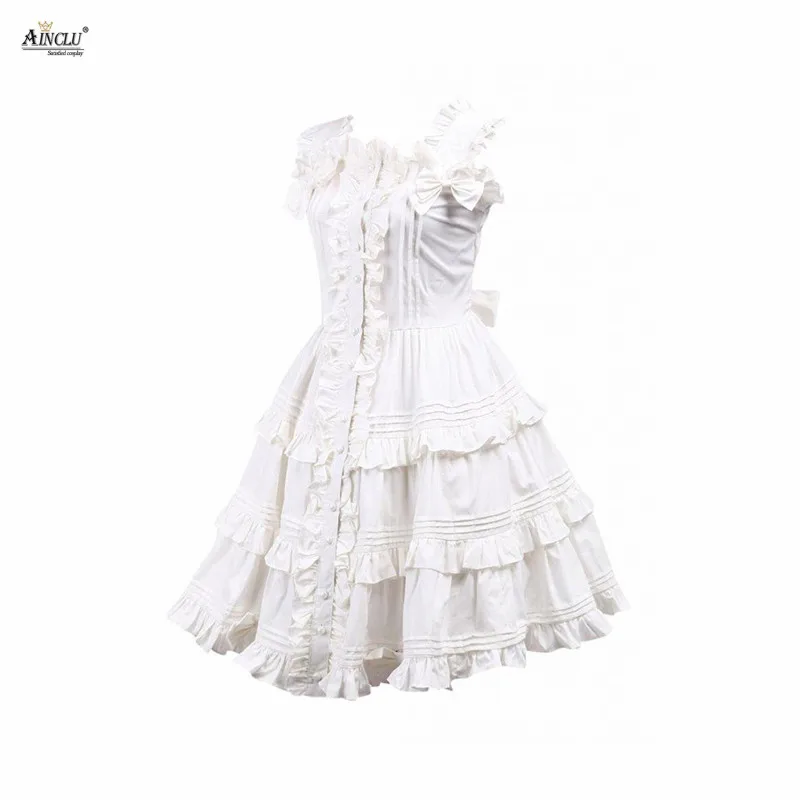 Ainclu – robe Lolita en coton pur blanc, à volants, douce, onirique, XS à XXL, pour les jours et les festivals, offre spéciale