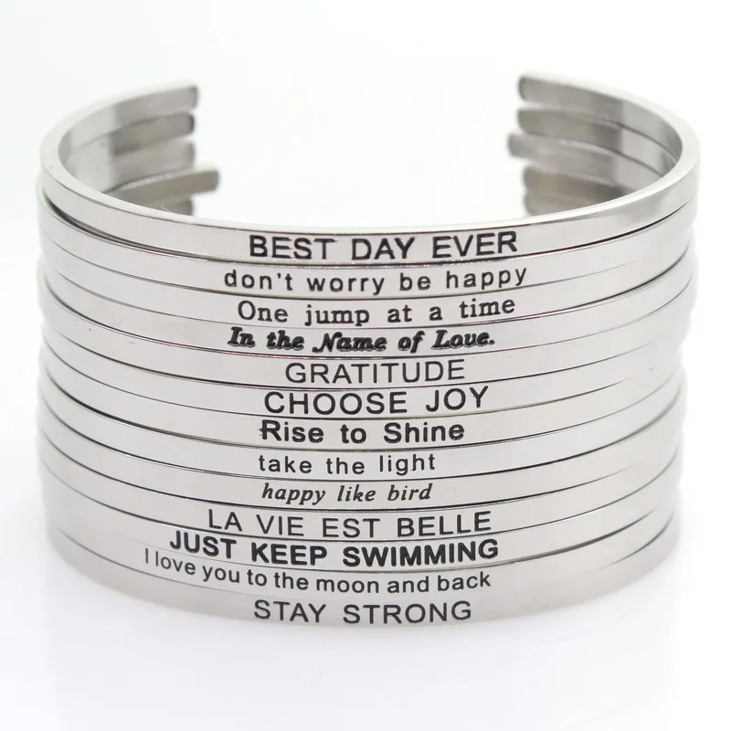 

Silver Stainless Steel Random Bangle Engraved Positive Inspirational Quote Handmade Cuff Mantra Bracelets For Women Best Gifts