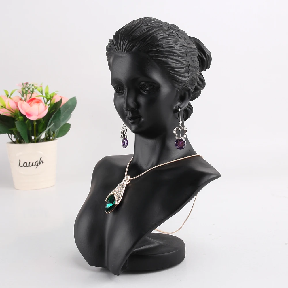 Black Resin Mannequin Female Head Bust Jewelry Necklace Pendant Earring Display Stand Holder Show Decorate