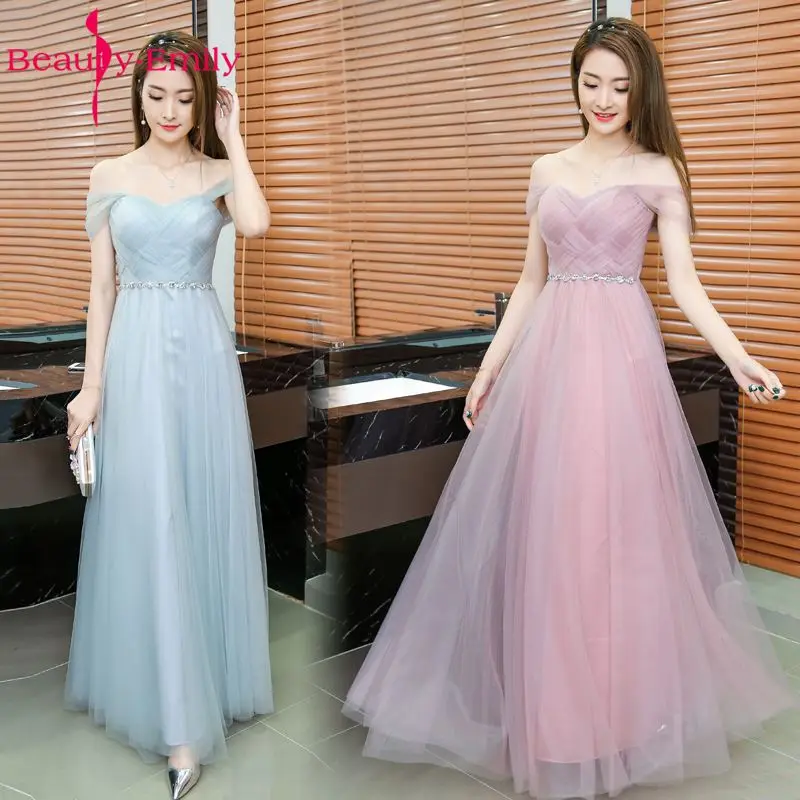 

Long Pink Bridesmaid Dresses A-Line Sleeveless Lace Up Off the Shoulder Wedding Party Girl Prom Dresses