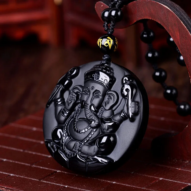 Jewelry Natural Black Obsidian Ganesh Elephant Pendants Necklace Fashion Women Men's Amulet Lucky Pendants With Chain