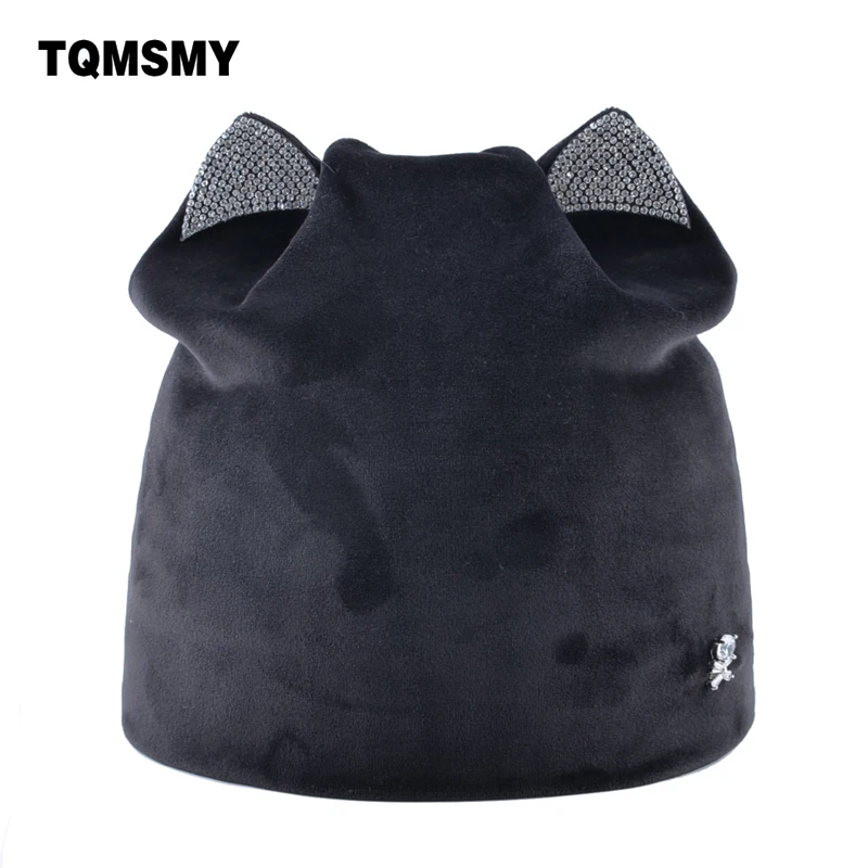 New style bonnet women\'s Diamond Skull hat Lady\'s soft Velvet Beanies girl Cat ears cap Solid color winter Hats for Women caps