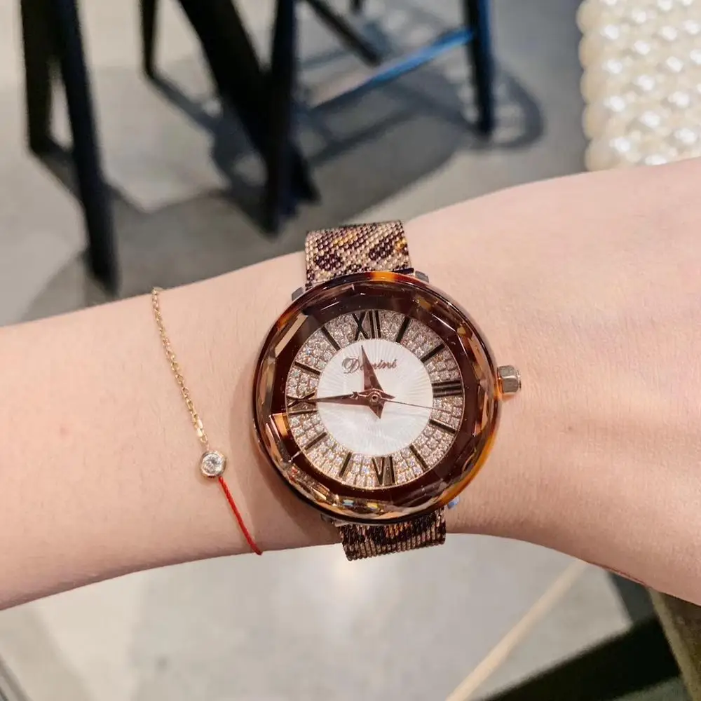 Relojes de leopardo de marca Sexy para mujer, reloj de pulsera con número romano, cristales de vestido de verano, reloj de pulsera Milanesa De acero completo, reloj de cuarzo