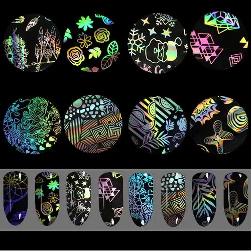 8Pcs/Set  20*4cm Fashion Symphony transfer film foil nail stickers Silver Holo Starry Series Flower Transfer Sticker