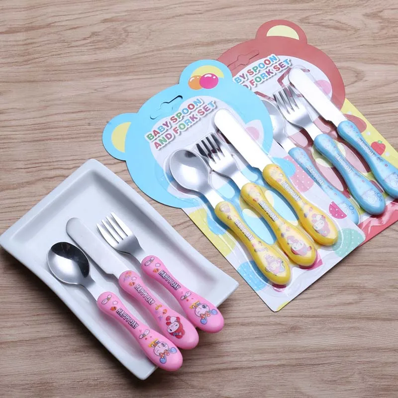Juego de cubiertos de acero inoxidable para bebé, cuchara de alimentación, tenedor, cuchillo, 3 piezas