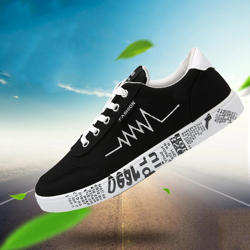 

Men Shoes Black Sneakers Skateboard Shoes Breathable Walking Canvas Shoes Male Lace-up Man Casual Shoes Men's Graffiti Flat 2019