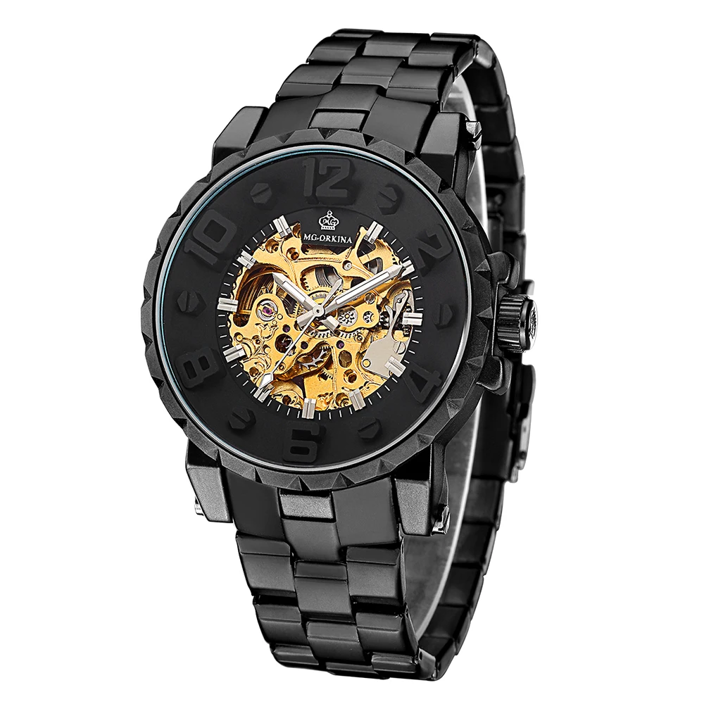 MG. ORKINA Men Wristwatch Golden Skeleton Clock Mechanical Male Wrist Watch Black Relogio Masculino Automatic Zegarek Meski