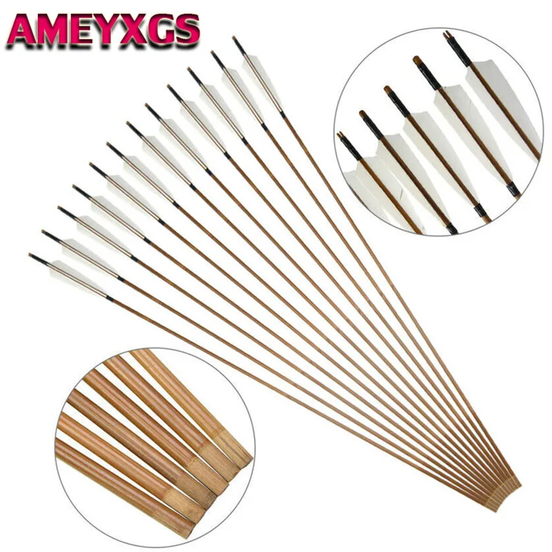 12pcs Archery Bamboo Arrows Handmade Natural Feathers Fletches Bamboo Arrow For Bow And Arrow Hunting Shooting Accessories