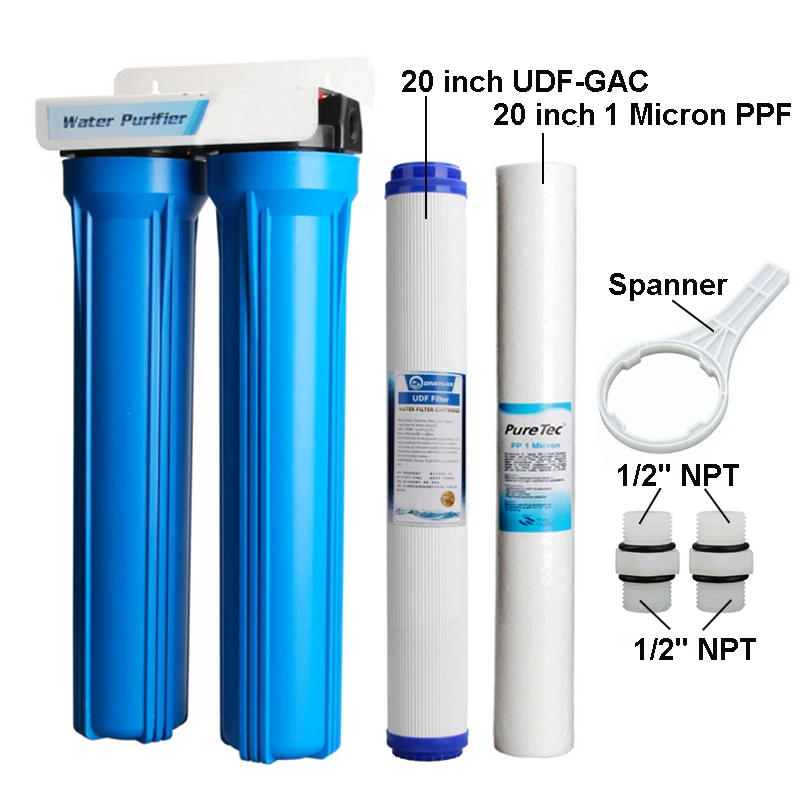 20 Inch 2 Tingkat Filter Air Explosion-Proof Filter Penjernih Air Botol dengan 20UDF-GAC-1 Micron PPF Semua Alat Kelengkapan dan kunci Pas