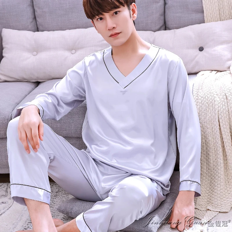 

Pajamas Spring Autumn Long Sleeve Ice Silk Nightwear Men Summer Korean Youth Home Suit Male Leisure V-neck Sleepwear H5602