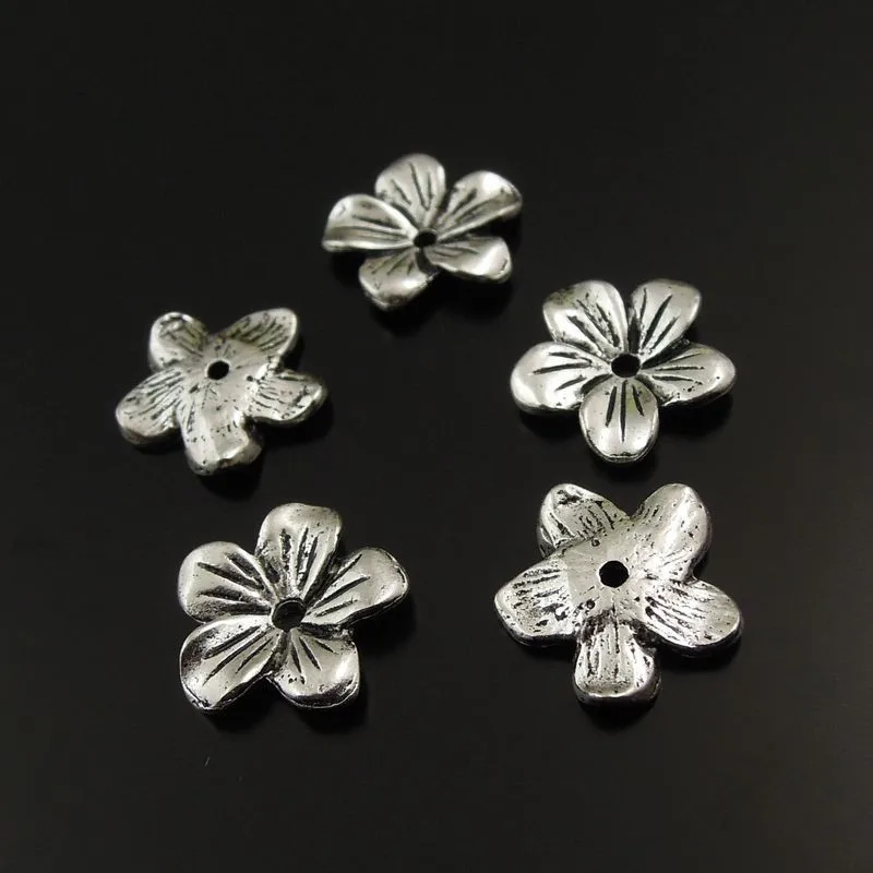 Julie Wang 20PCS Flower Beads Cap Antique Bronze Silver Color Alloy Finding 13*13*2MM Handmade Findings Jewelry Accessory