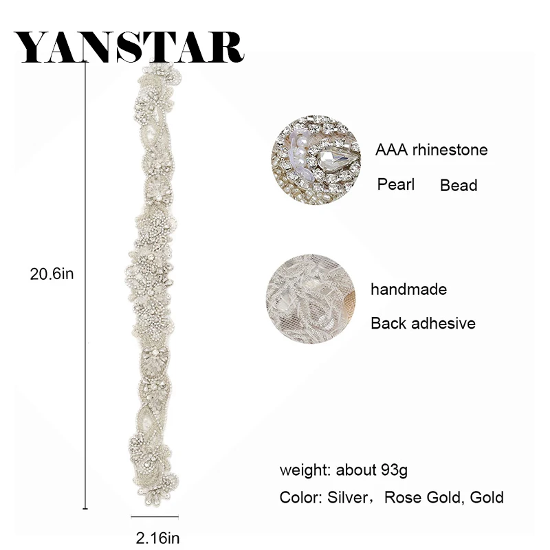 YANSTAR 53.5*6CM 5 pieces of Handmade Rhinestone Applique Sewing Wedding Dress Belt DIY Bridal Dress Sticking to Clothes YS826