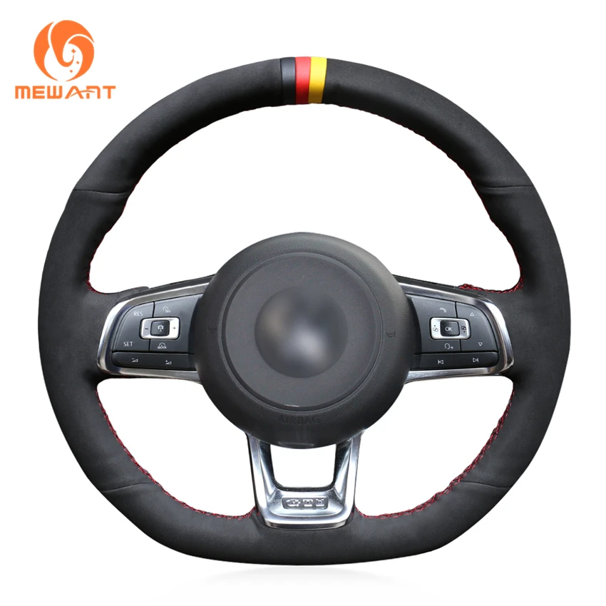 MEWANT Black Suede Genuine Leather Steering Wheel Cover Braid for Volkswagen VW Golf GTI 7 GTD GTE 7 R 7 Polo (R-Line) 2013-2021