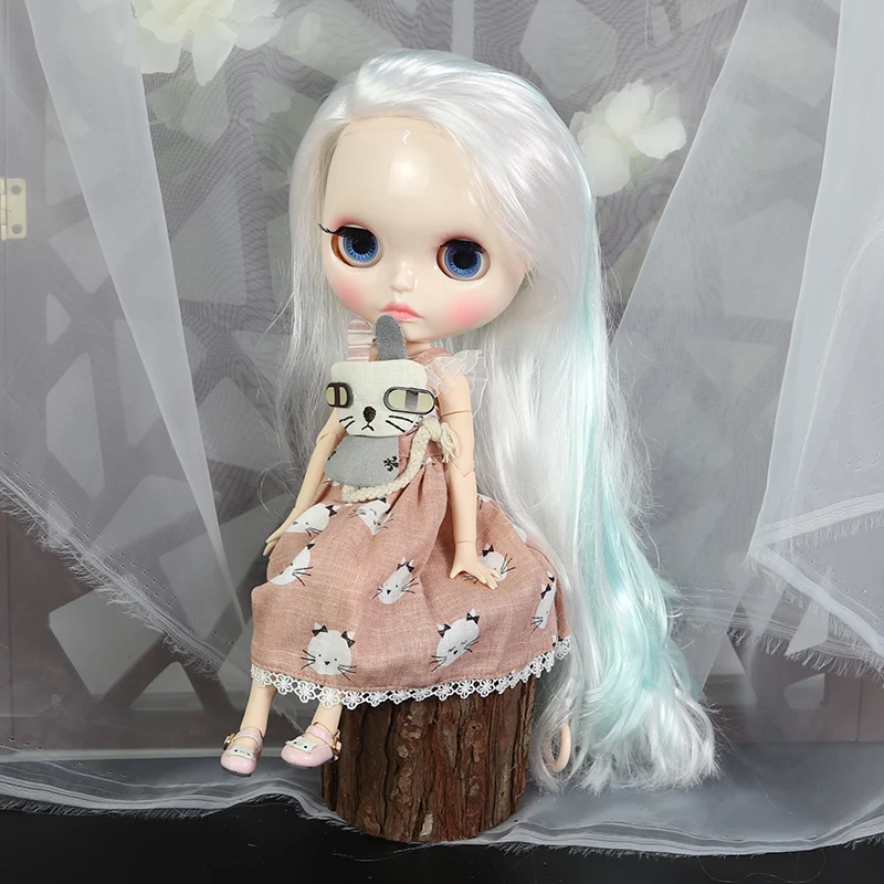 ICY DBS Blyth doll 1/6 white skin joint body white mix blue hair shiny face Carved lips toy bjd