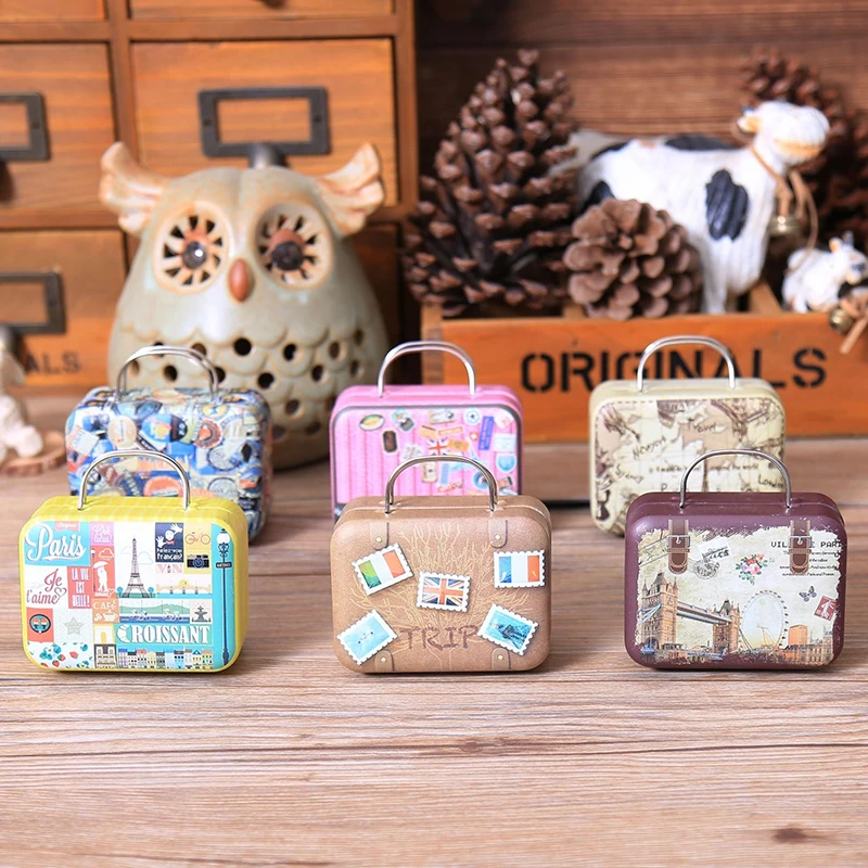 European Style Vintage Suitcase Shape Candy Storage Box Wedding Favor Iron Tin Box Organizer