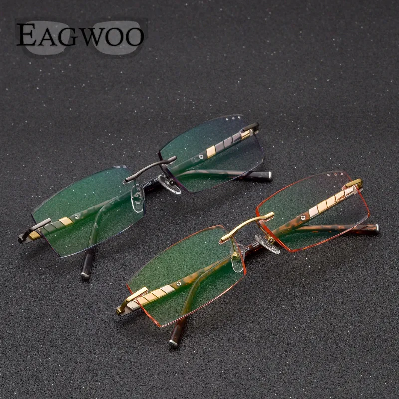 EAGWOO Titanium Eyeglasses Men Rimless Prescription Myopia Photochromic Diamond Glasses Frameless Spectacle Vision Window 1008