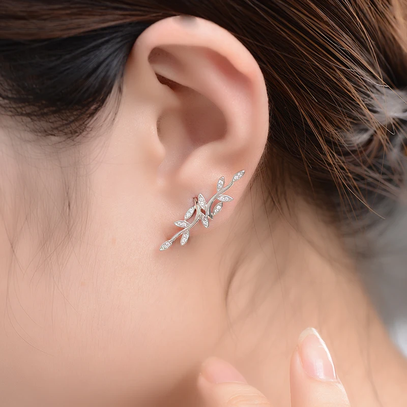 FCGJHW 925 sterling silver earringsCuff for women Indian Jewelry Boho Korean Style Zircon Stone Plant Leaves Shape Party For Gir