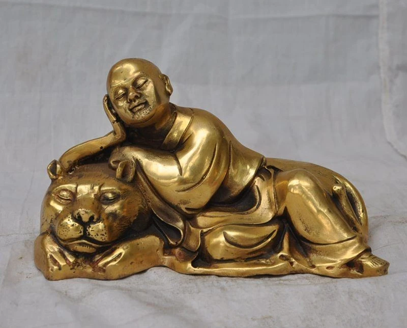 China Buddhism Bronze copper Subdue Tiger Rohan Lohan Disciple Buddha Statue