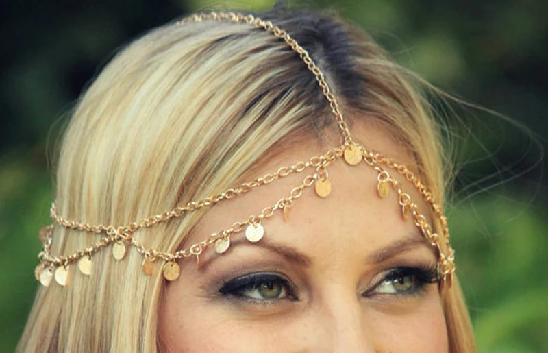 Trendy Prom Hair Jewelry Coin Forehead Headband Alloy Multilayer Tassels Head Piece Chain For Women Girls