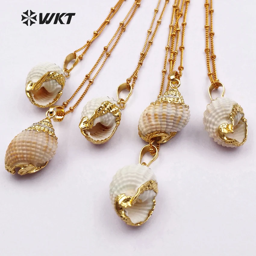 

WT-JN023 New arrivals! Wholesale natural shell necklace Genuine sea shell trumpet pendants with gold color plated for lady girl