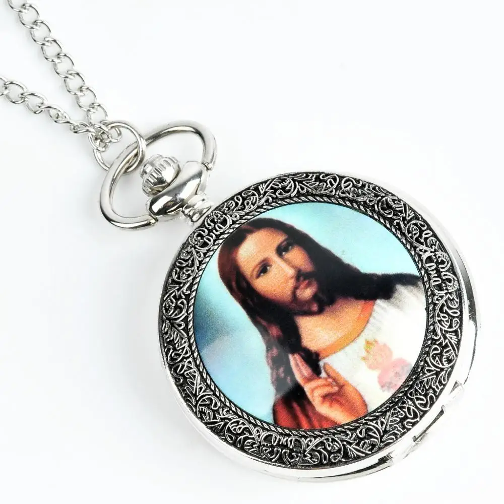 0 Silvery Retro Jesus Holing A Holy Bible Antique Pocket Watches Necklace Catholicism Religion Quartz Clock Chain Women Men Gift