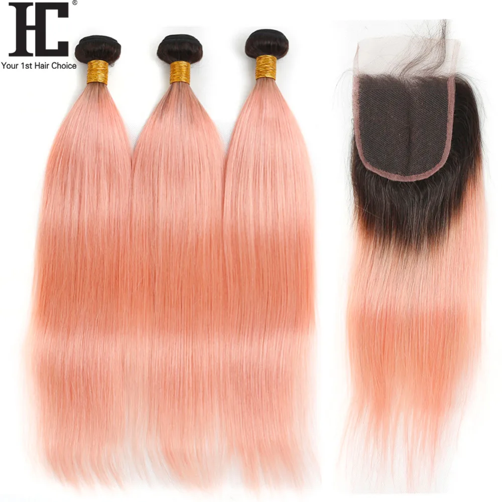 HC Brazilian Bundles With Closure 1b/pink Straight Hair Bundles With Closure 2 Tone Remy Human Hair Weave 3 Bundles With Closure