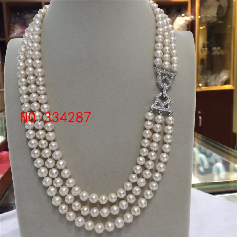 beautiful 3 rows AAA 7-8mm White Round Freshwater Cultured Pearl Necklace