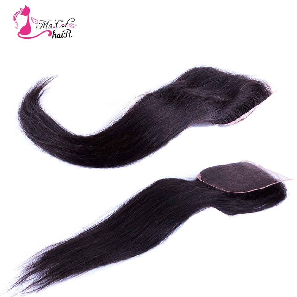 Ms Cat Hair-pelo liso peruano con cierre de encaje, tamaño de encaje 4 "X4", cabello humano de 100%, cabello Remy negro Natural de 8 "-20", pieza libre