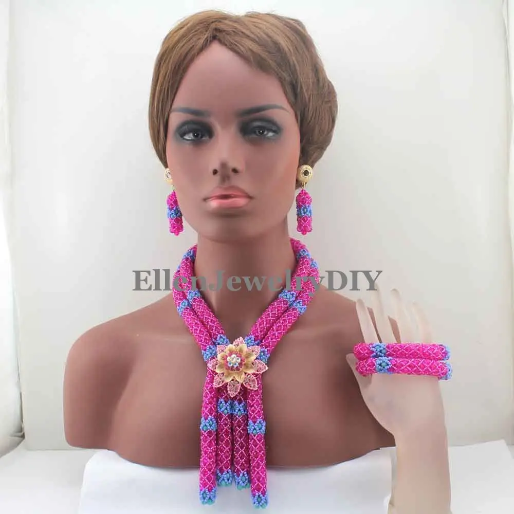 

New nigerian Wedding Beads jewelry Set Costume african Beads jewelry sets Pink and Lake Blue Crystal necklace Set W13139