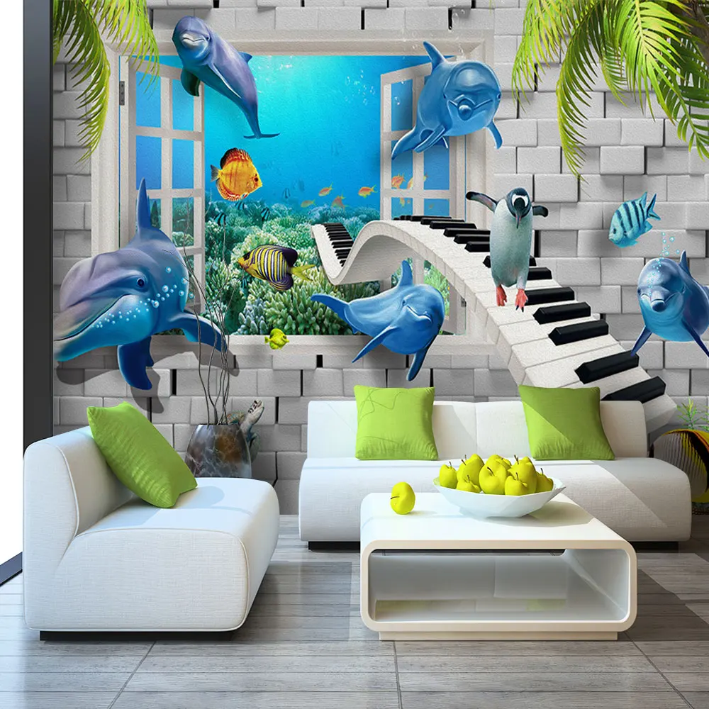 Custom Mural Wallpaper Underwater World Dolphin Tropical Fish Background Wall Painting