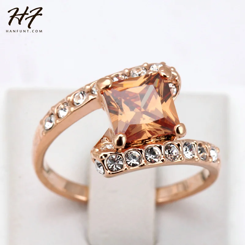 Top Quality Square Rose Gold Color Fashion Ring Austrian Crystals Full Sizes HotSale R353 R354