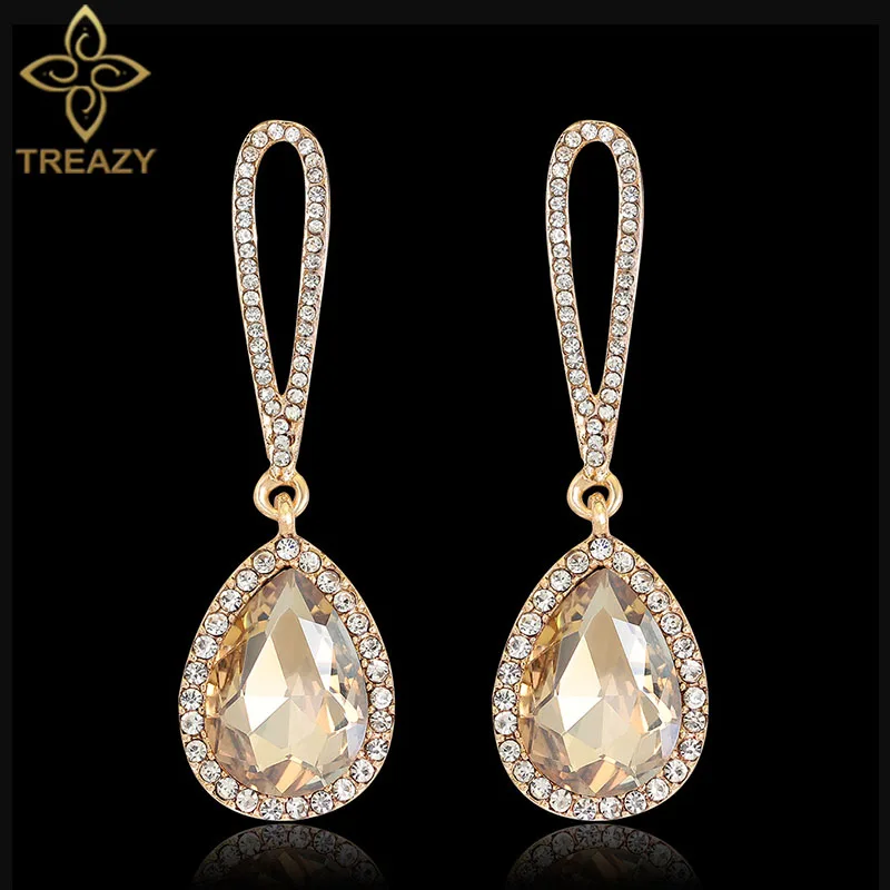 TREAZY Elegant Champagne Crystal Drop Earrings for Women Gold Color Rhinestone Long Dangle Earrings Wedding Party Brincos Femme