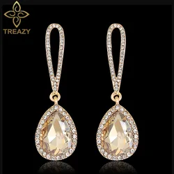 TREAZY Elegant Champagne Crystal Drop Earrings for Women Gold Color Rhinestone Long Dangle Earrings Wedding Party Brincos Femme