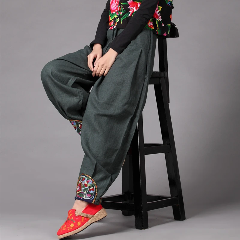 

LZJN-широкие льняные брюки для женщин, широкие шаровары, длинные брюки с вышивкой, этнические длинные брюки, цветные льняные мешковатые брюки, весна и осень