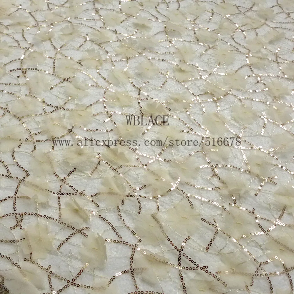 

5yards/lot light yellow Chiffon 3D flowers mixed gold sequins lace fabric sewing stage wedding evening dress Women dresses