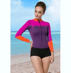 Women's Neoprene One-Piece Swim Suit, Long Sleeve, Shorty Pants, Wet Diving Suit, Pink, Black, Purple, 2mm, Swimwear