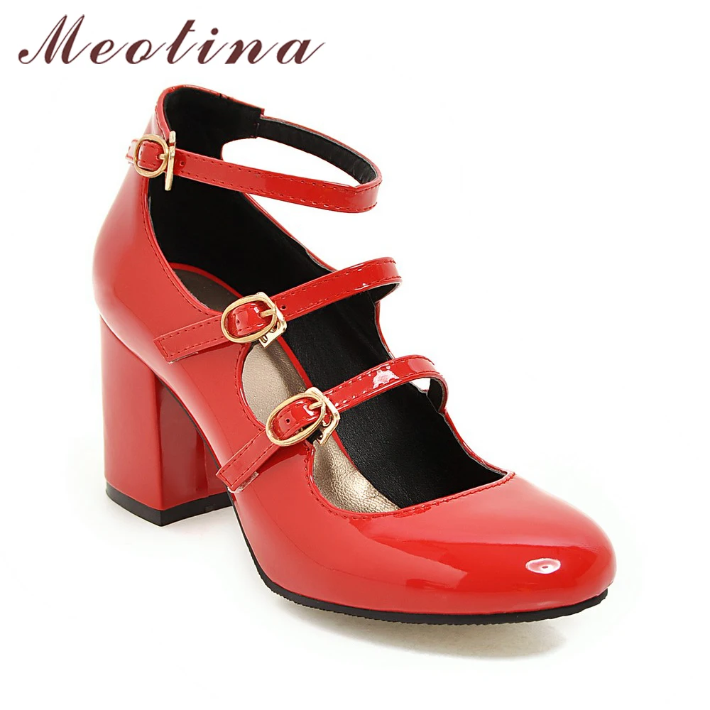 Meotina Spring 2018 Shoes Women Mary Jane Thick High Heels Buckle Pumps Party Shoes Round Toe Ladies Shoes Black Red Size 34-39