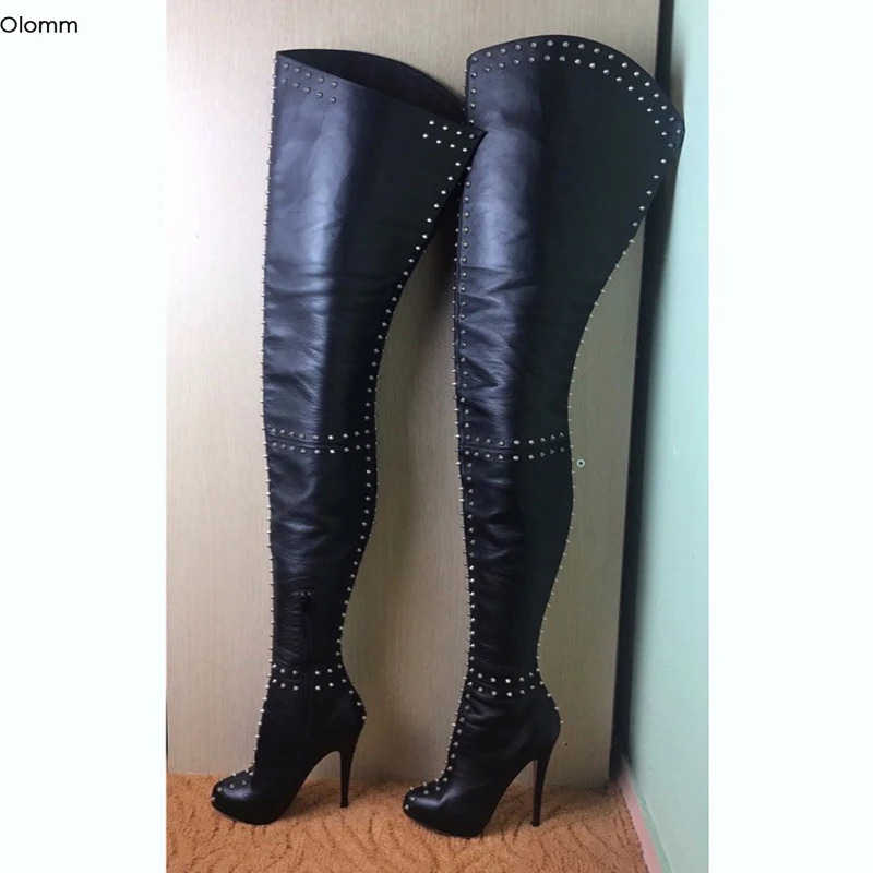 Olomm New Women Over The Knee Boots Sexy Rivets Stiletto High Heels Boots Round Toe Black Night Club Shoes Women US Size 5-15