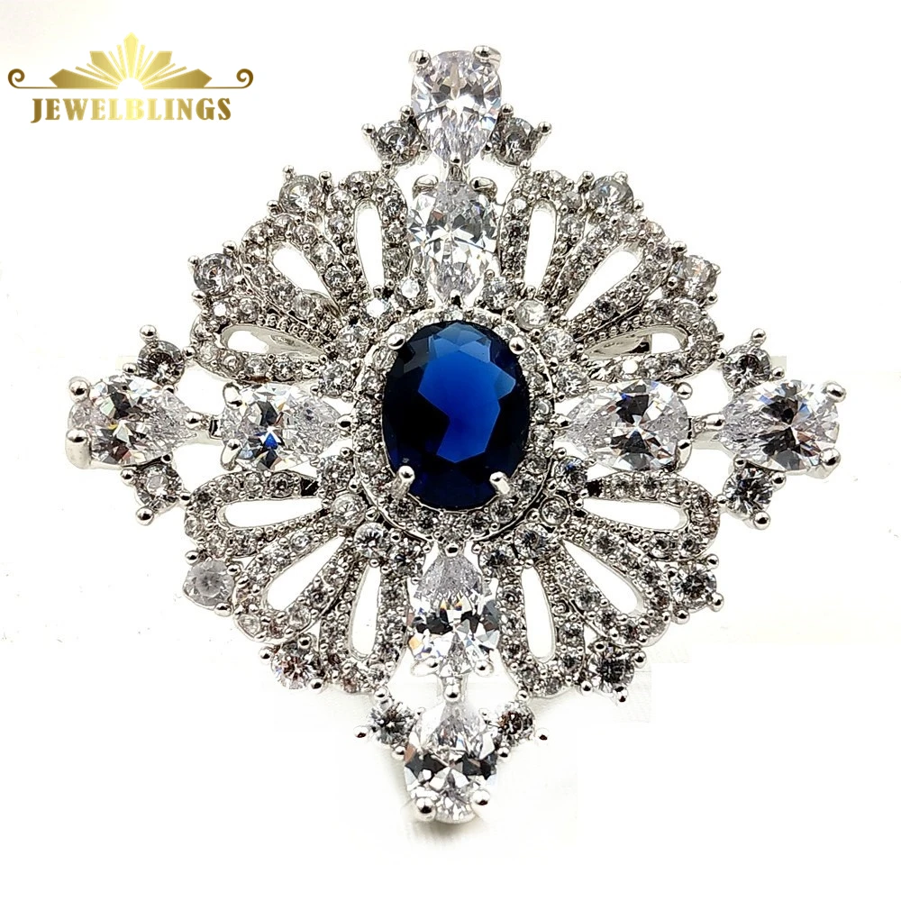 Royal Vintage CZ Loop Ribbon Oval Cut Blue CZ Stone Square Brooch Art Deco Pins Princess Jewelry for Women Outfit Dressy Jewelry