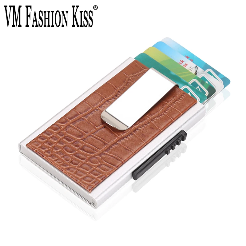 VM FASHION KISS Metal Aluminum + Pu Leather RFID push Card Holder Clip Wallet For Credit Cards Carbon Fiber Minimalist Wallet